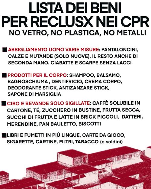 RACCOLTA SOLIDALE DI BENI PER RECLUSX NEI CPR